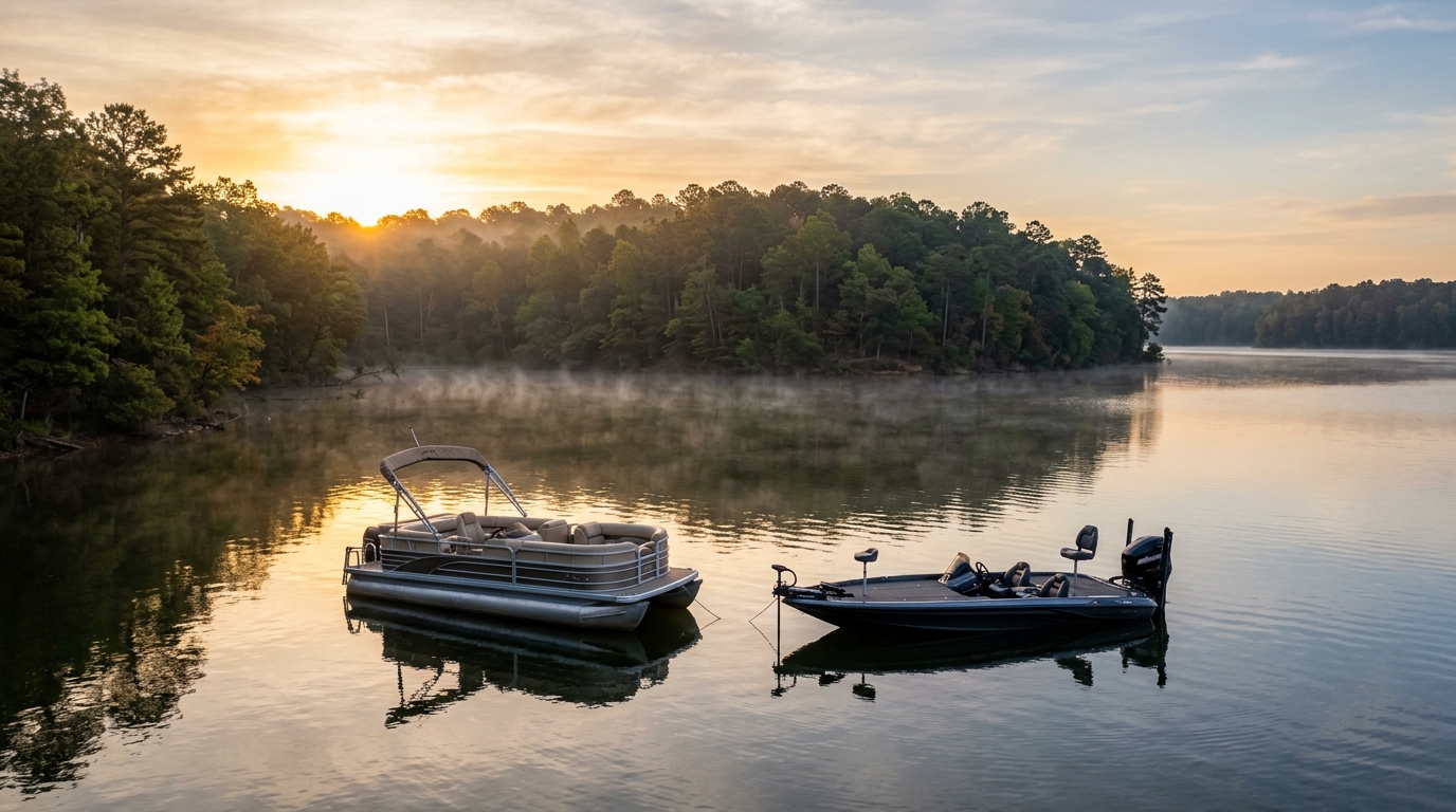 Pontoon boat and bass boat on a calm North Mississippi lake at sunrise