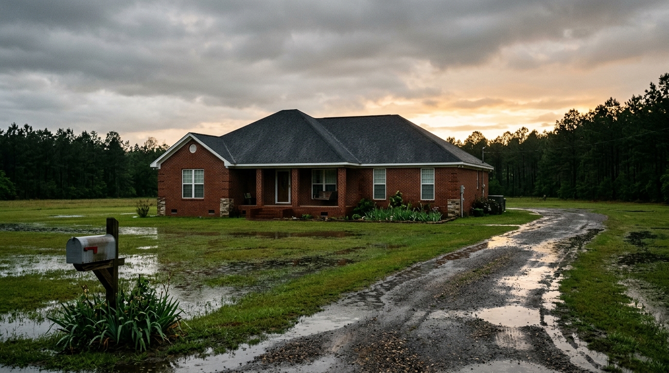 Brick home in rural North Mississippi with standing floodwater in the yard after heavy rain