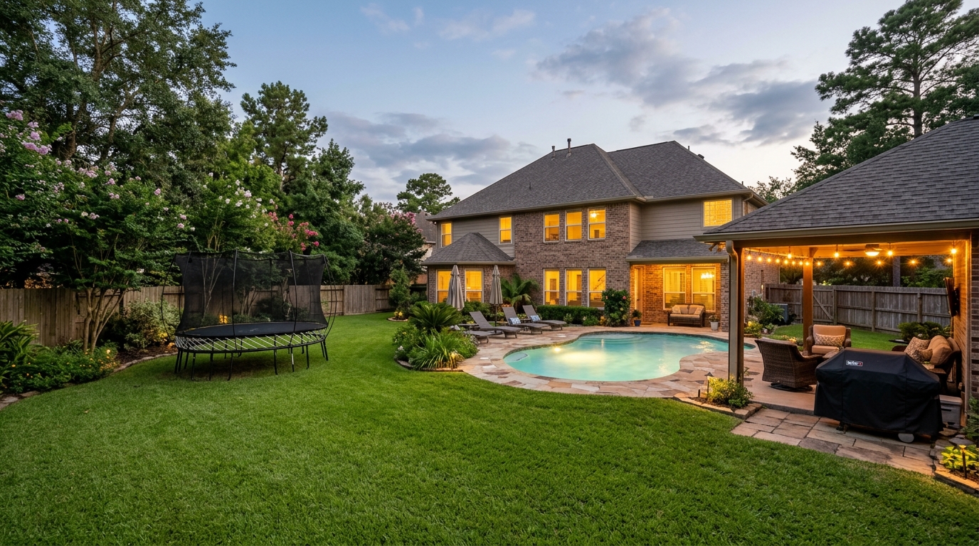 Family backyard with pool, trampoline, and covered patio at dusk
